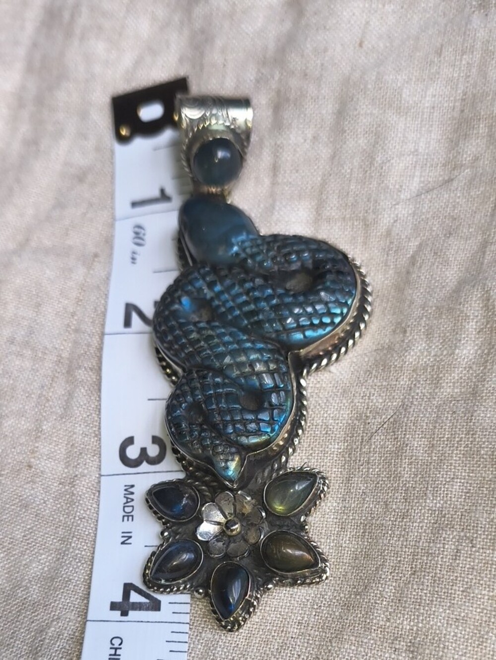 GORGEOUS HUGE STATEMENT Labradorite Snake Tibetan Silver Pendant Boho Chic Goth - Picture 9 of 11